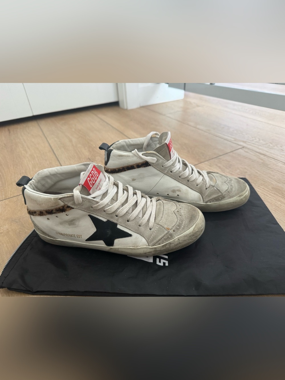 Golden Goose Mid Star White Sneakers with Black Star Leopard